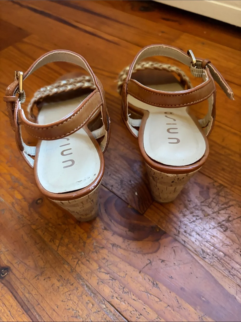 Unisa Tan Wedge Sandals with Gold Braided Straps